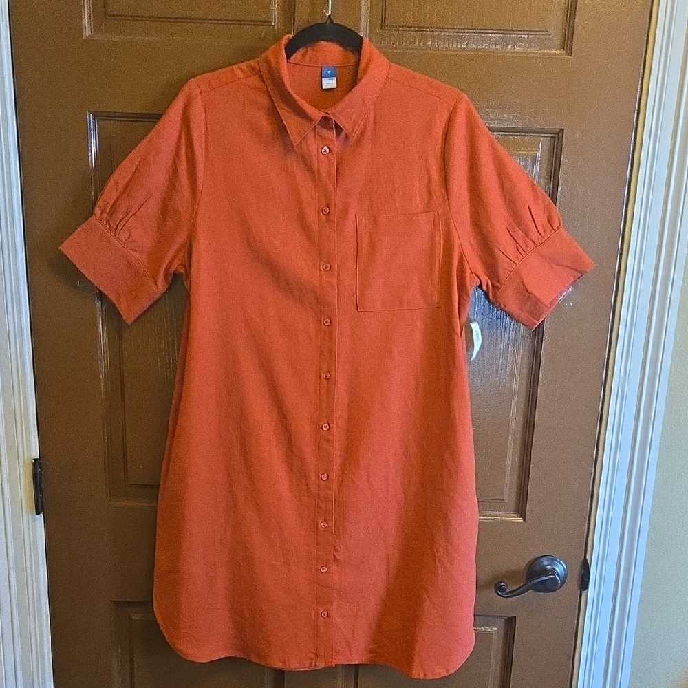 Old Navy-Linen blend rust short sleeved button down front shirt dress Sz M NWT.